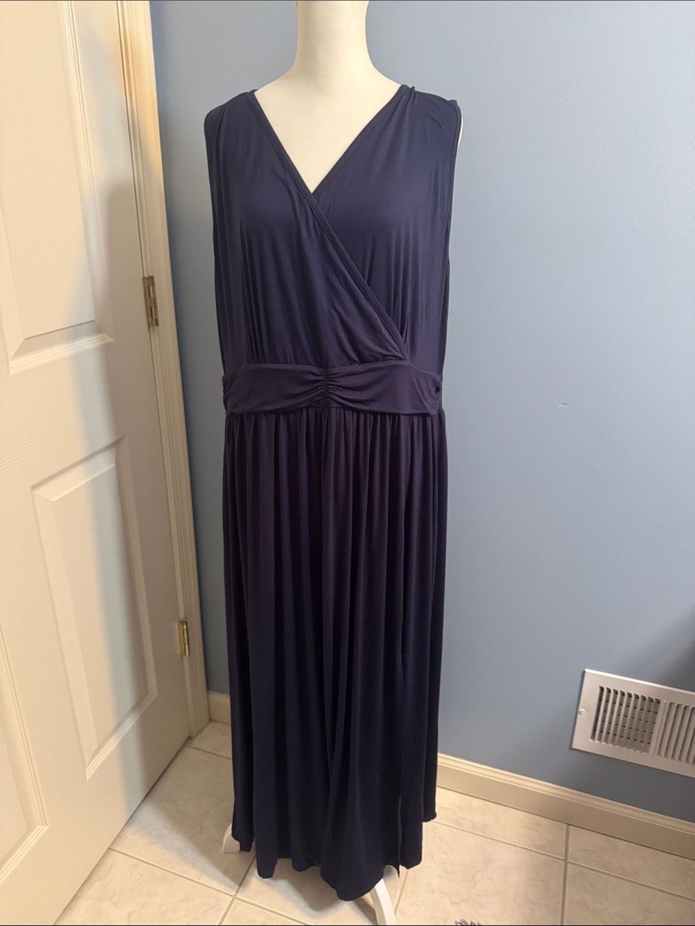 Sleeveless Navy Faux-Wrap Maxi Dress